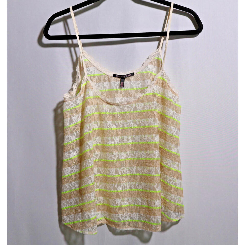 Y2K 2000s Victorias Secret Sheer Lace Striped Cami Tank Lingerie Top Sexy 2014 M